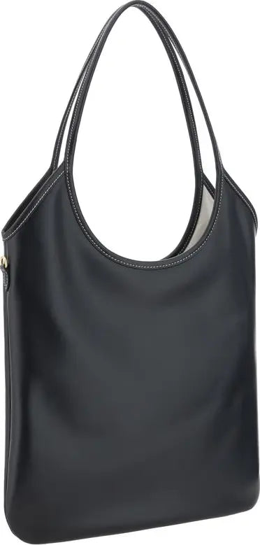 A black leather hobo-style shoulder bag with double shoulder straps, shown against a plain white background.