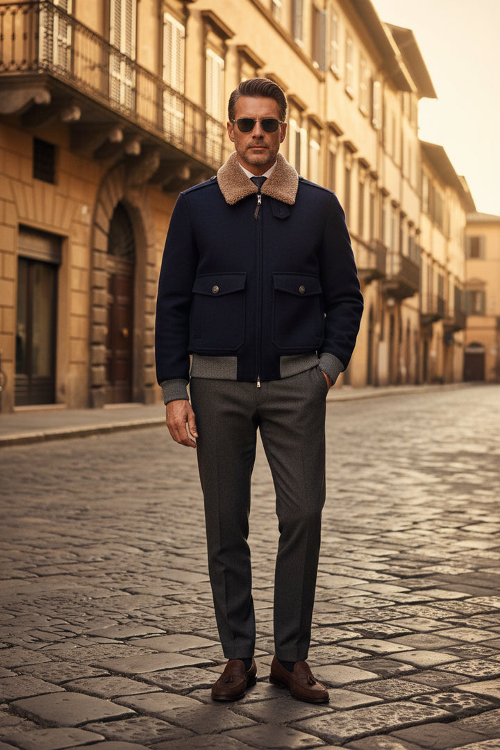 A dark navy wool jacket with a tan sherpa collar, gray ribbed knit hem and cuffs, and silver snap-button flap pockets.