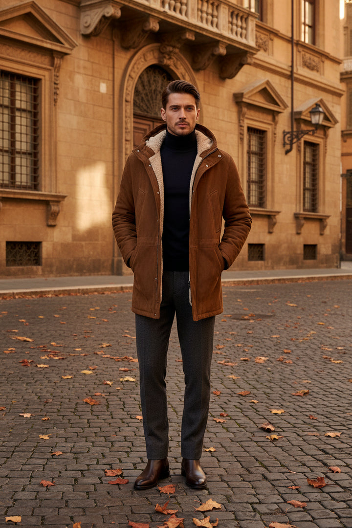 Brunello Cucinelli Men’s Brown Suede Lamb Leather Shearling Parka