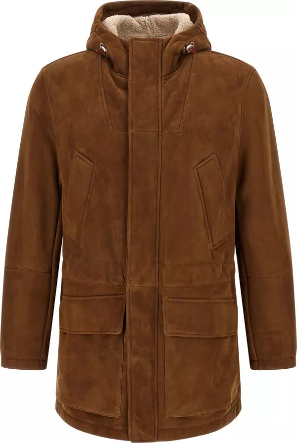 Brunello Cucinelli Men’s Brown Suede Lamb Leather Shearling Parka