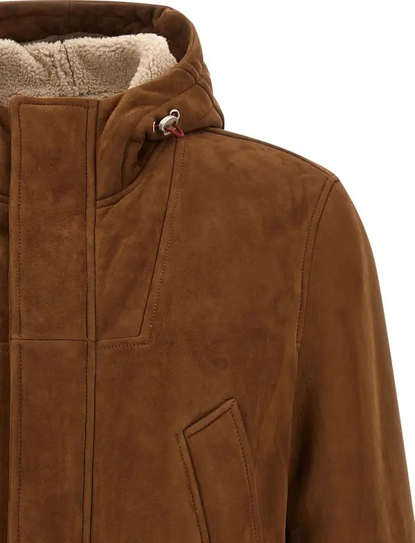 Brunello Cucinelli Men’s Brown Suede Lamb Leather Shearling Parka
