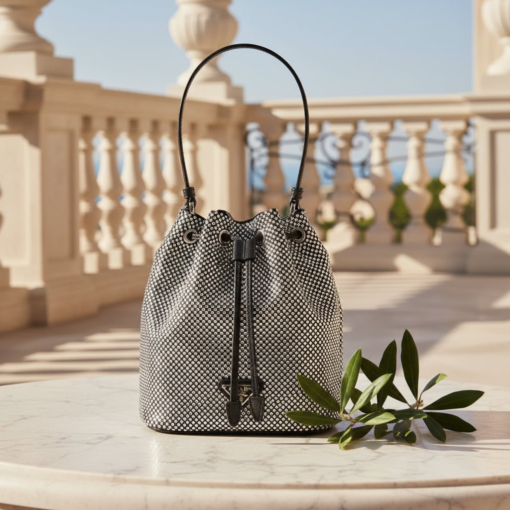 Prada bucket bag in black and white micro-patterned leather with a black leather top handle and drawstring closure.