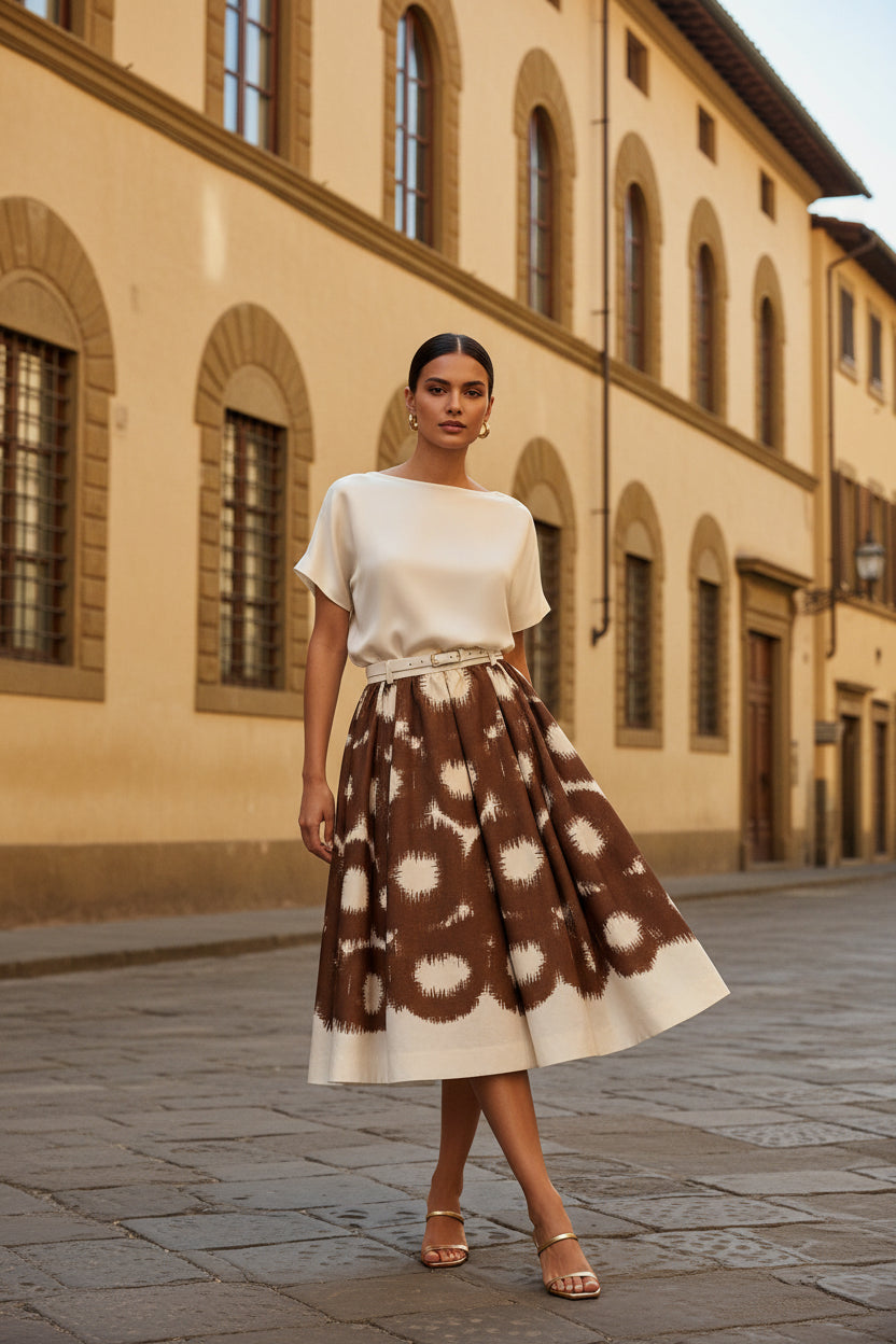 A pleated A-line skirt featuring a brown and cream ikat-style circular pattern, with a solid cream border at the hem and a matching cream waistband.