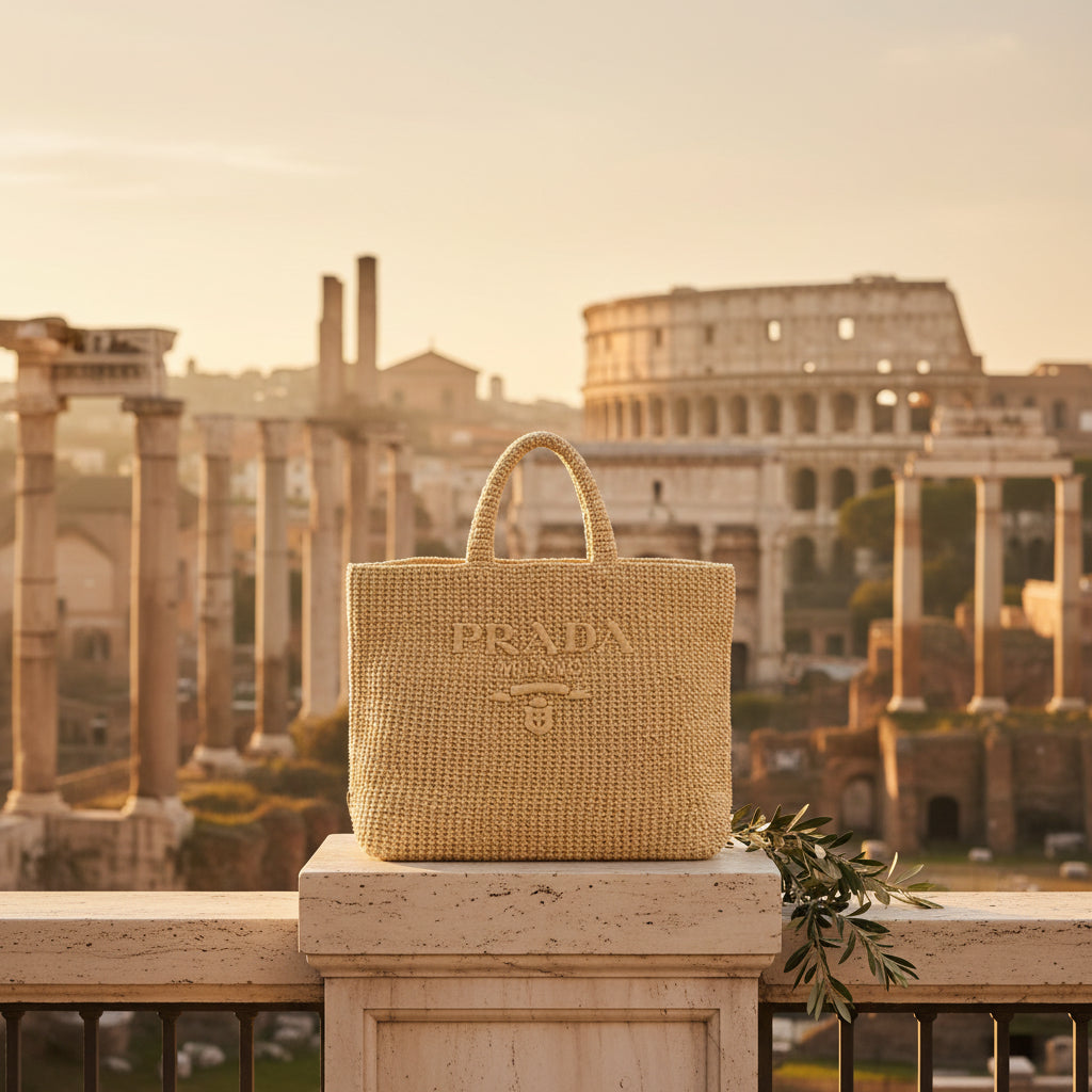 A light beige woven straw tote bag with &