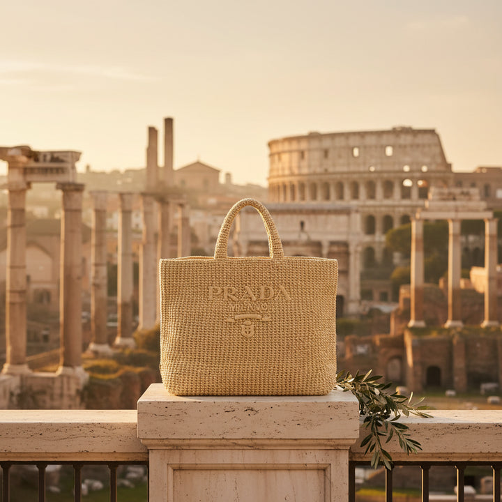 A light beige woven straw tote bag with &