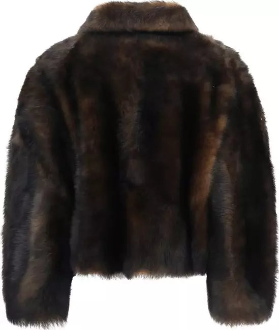 A cropped dark brown fur jacket with a high collar, shown from the back against a plain white background.