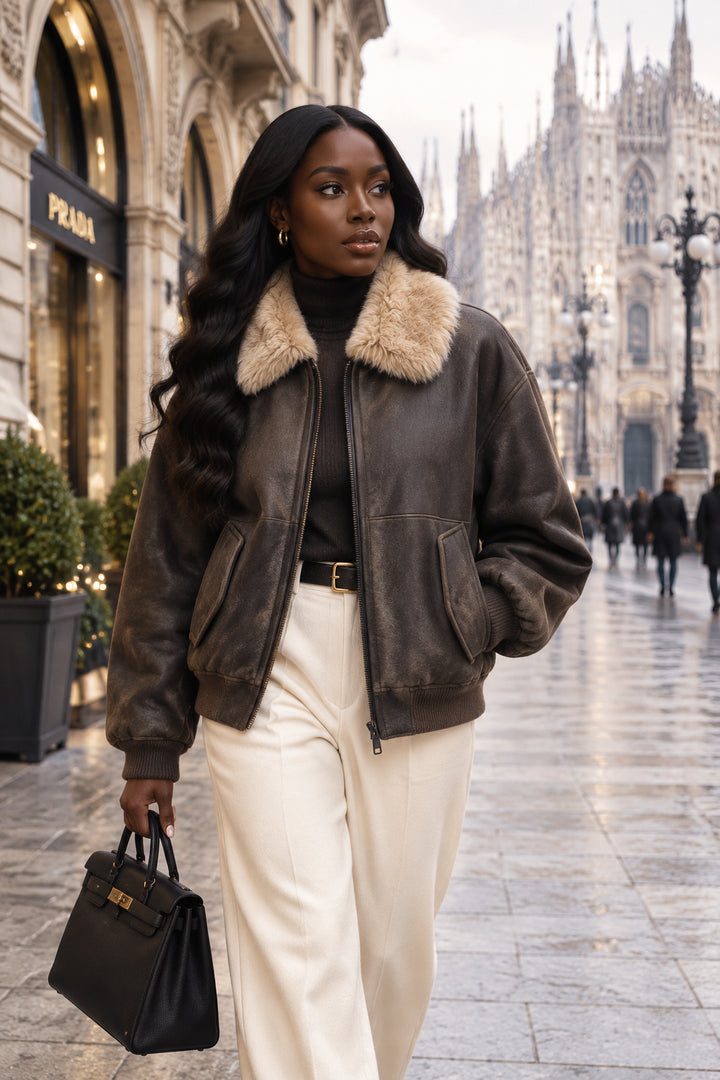 A dark brown leather bomber jacket with a thick, light tan faux-fur collar, shown against a plain white background.