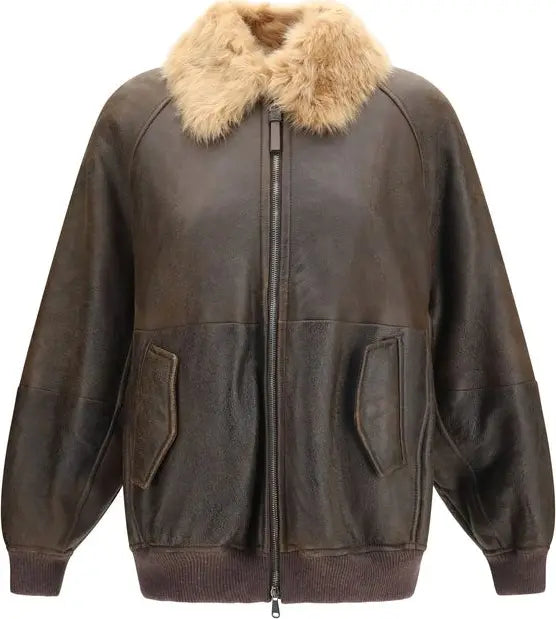 A dark brown leather bomber jacket with a thick, light tan faux-fur collar, shown against a plain white background.
