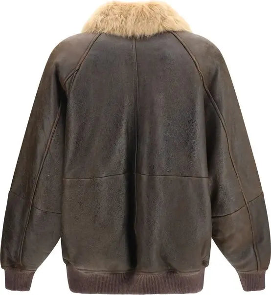A dark brown leather jacket with a light beige faux fur collar, shown from the back against a plain white background.