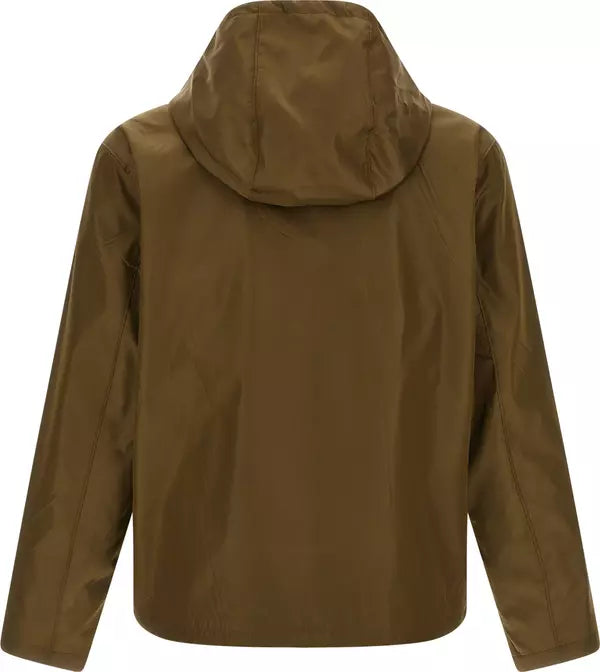 A brown hooded jacket shown from the back, featuring a smooth, slightly glossy finish and long sleeves, set against a plain white background.
