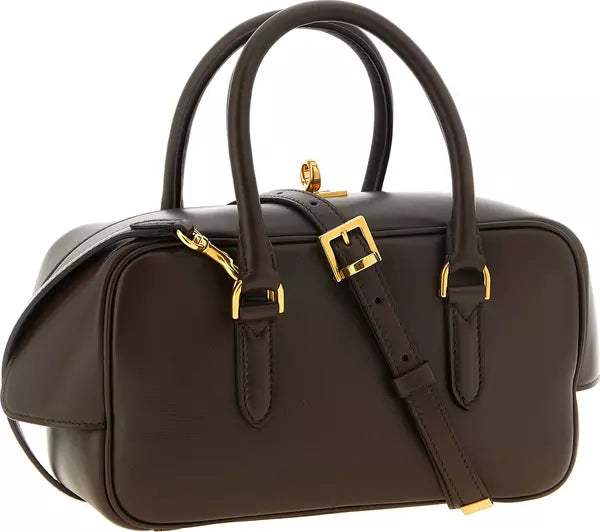 Balenciaga Bowling Le 7 small brown lamb leather handbag with aged gold-finish metal accents and embossed logo.