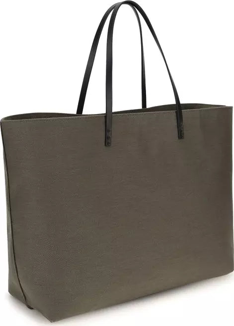 An olive green canvas tote bag with black shoulder straps, shown from a three-quarters angle on a white background.