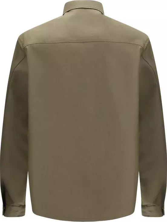 A long-sleeve button-down shirt shown from the back, in a solid taupe-brown color, displayed on a clean white background.