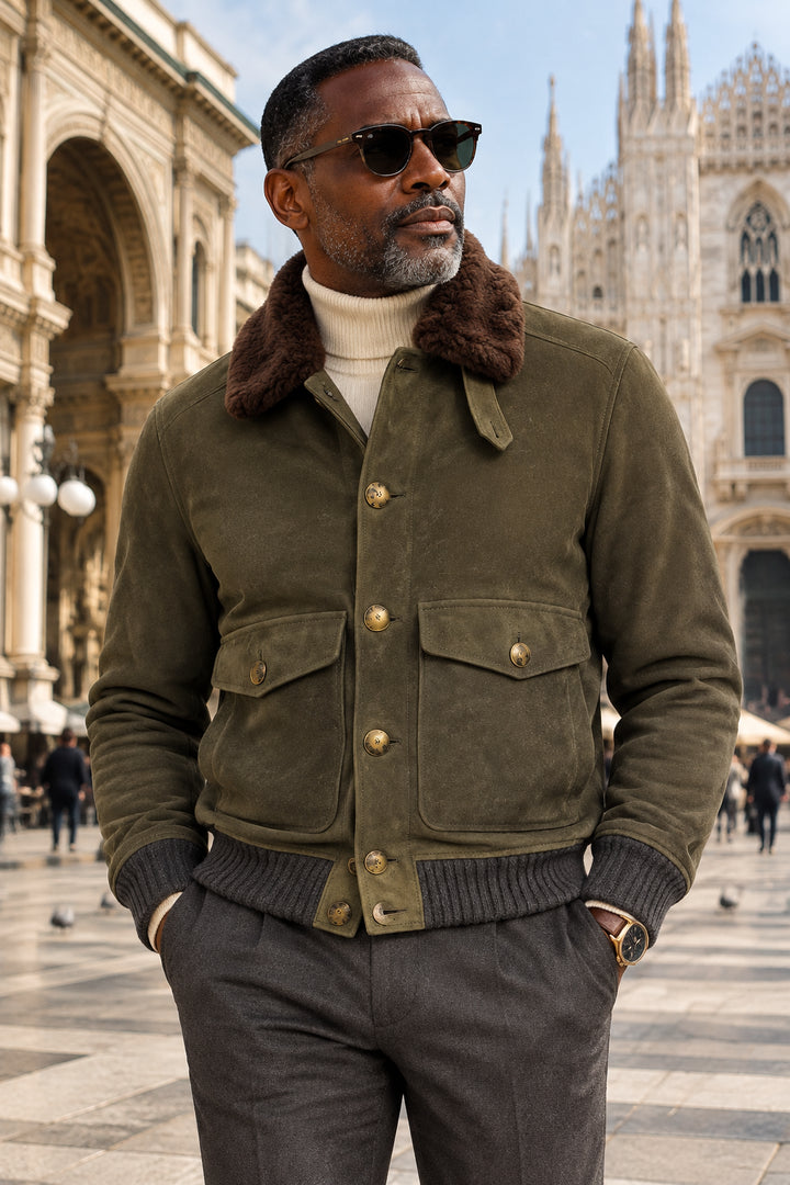 Brunello Cucinelli Bicolor Lamb Leather Bomber Jacket with Shearling Collar