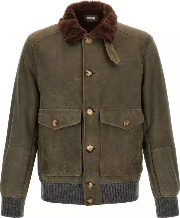 Brunello Cucinelli Bicolor Lamb Leather Bomber Jacket with Shearling Collar