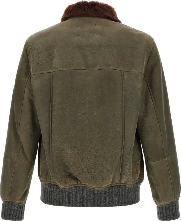 Brunello Cucinelli Bicolor Lamb Leather Bomber Jacket with Shearling Collar