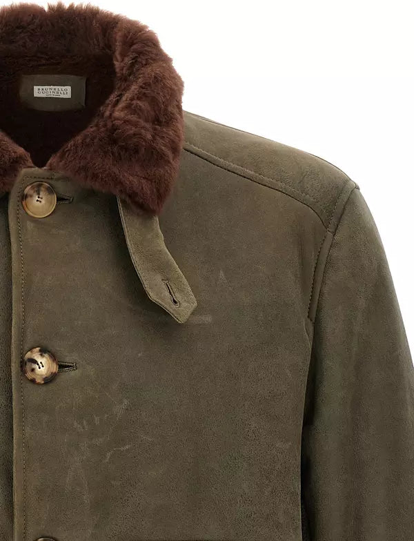 Brunello Cucinelli Bicolor Lamb Leather Bomber Jacket with Shearling Collar