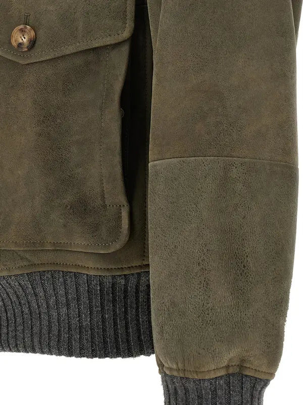 Brunello Cucinelli Bicolor Lamb Leather Bomber Jacket with Shearling Collar