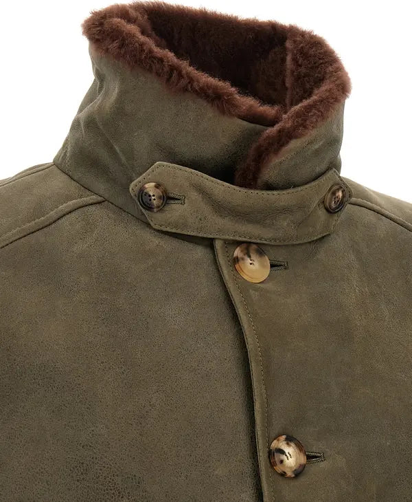 Brunello Cucinelli Bicolor Lamb Leather Bomber Jacket with Shearling Collar