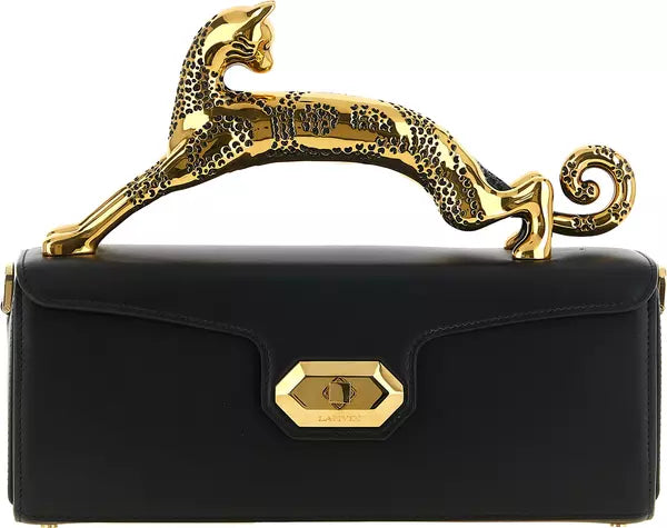 Lanvin Pencil Cat Handbag | Black Calfskin &amp; Gold-Finished Handle