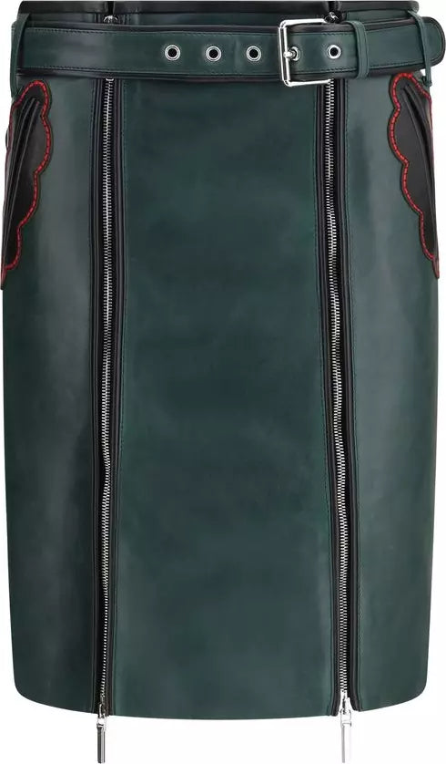 A dark green leather skirt with prominent front zippers, a matching belt with silver buckles, and red contrast stitching along the side pockets.
