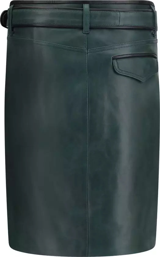 A dark green faux-leather pencil skirt with a matching belt, featuring a side pocket and a front center seam.