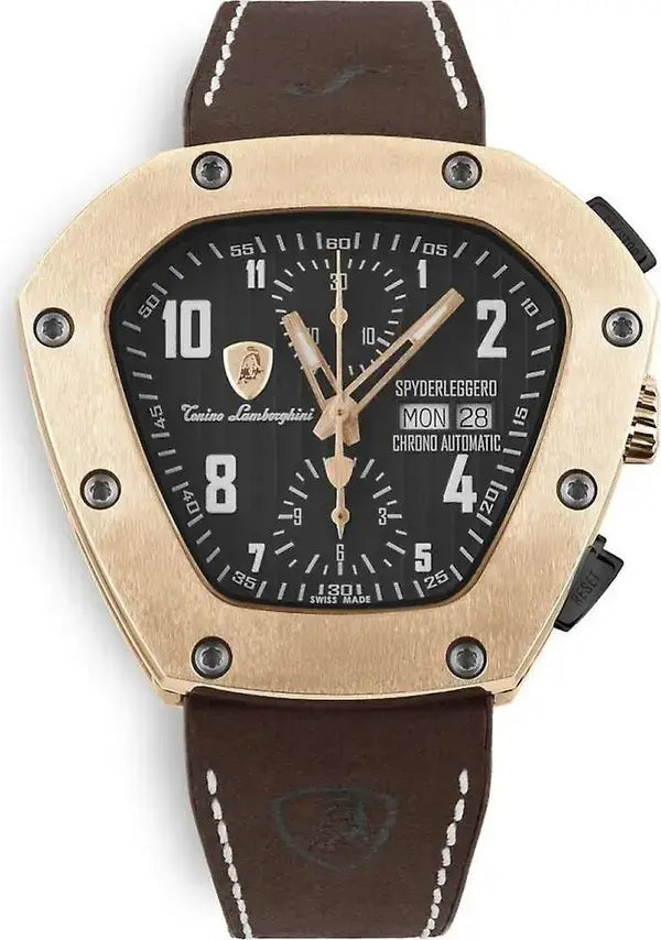 Luxury watch with brown leather strap and black dial on a white background