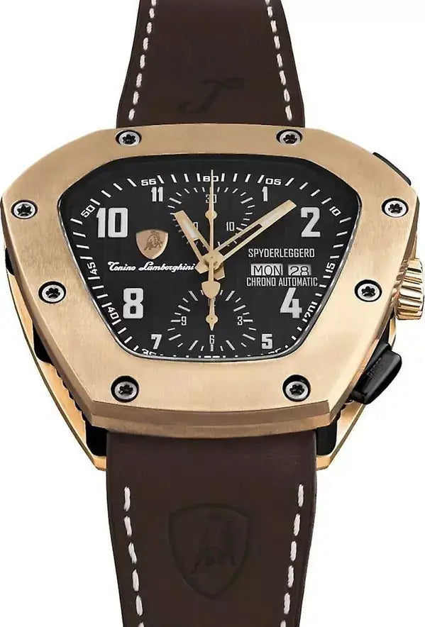 Luxury watch with gold case and black dial on a white background