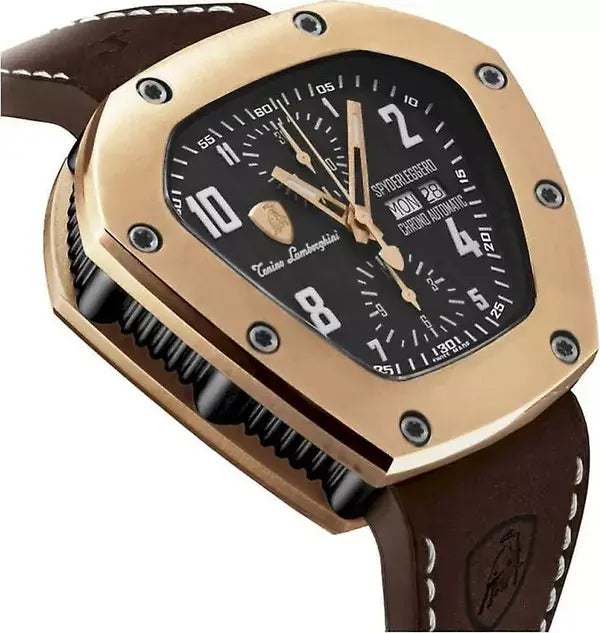 Luxury watch with gold case and brown leather strap on a white background