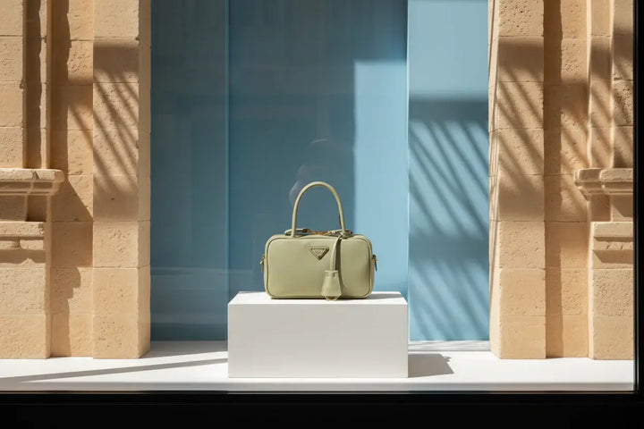 Green handbag with a gold Prada logo on a white background