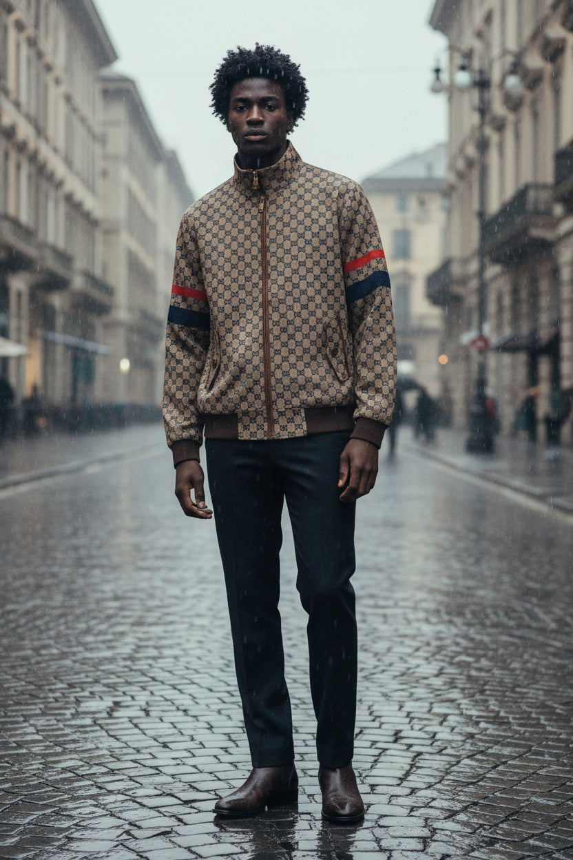 Beige patterned jacket with red and blue accents on a white background