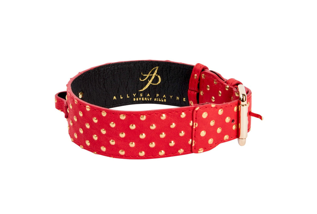 Red &amp; Gold Polka Dot Italian Leather Classic Collar