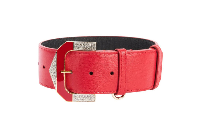 Red Italian Leather Collar With Hollywood Glam Italian Hardware