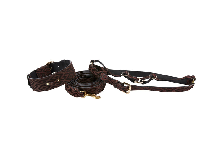 Elegant Black &amp; Brown Pattern Italian Leather Collar With Ornate Italian Swarovski Crystal Hardware Set