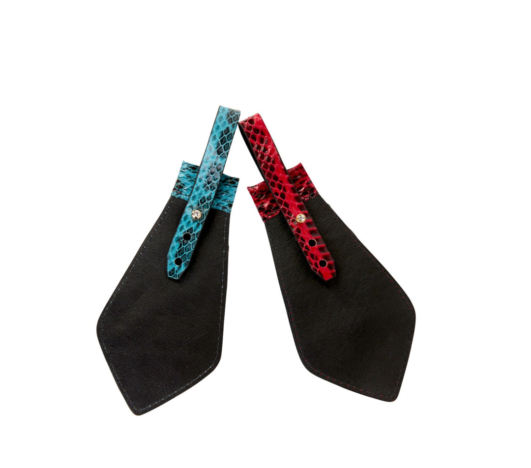 Turquoise &amp; Black Viper Snake and Red &amp; Black Tie, Backed With Italian Leather &amp; Swarovski Crystal Closure Set Of 2