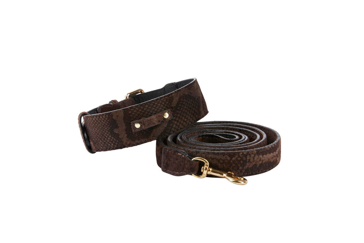 Brown Snake Print Hair On Hide Italian Leather With Classic Hardware Collar &amp; Leash Set