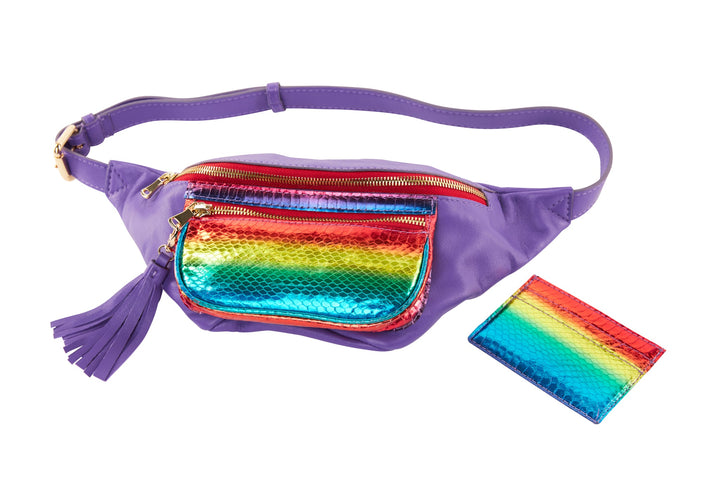 Pride Collection Rainbow Snake/Purple Italian Leather Belt Bag &amp; Matching Rainbow Snake Card Wallet