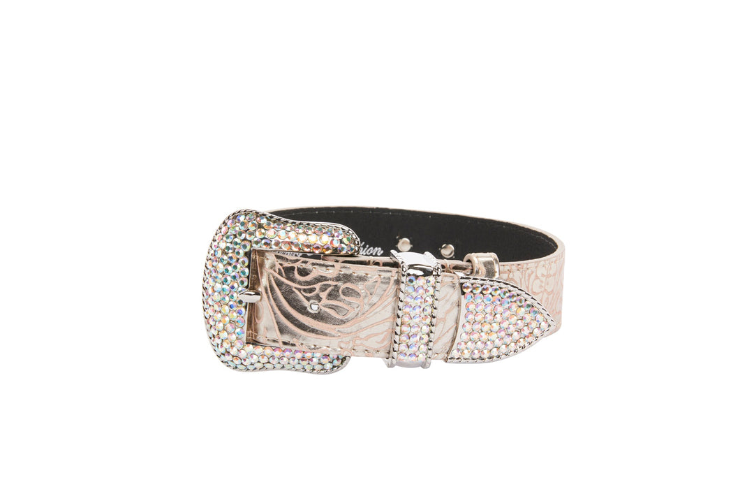 Soft Pink/Silver Floral Print Italian Leather With Silver Swarovski Crystal Hardware