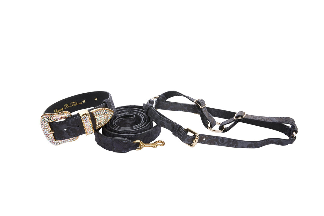 Blue Grey Italian Leather With Velvety Floral Design With Swarovski Crystal Collar, Leash &amp; Harness