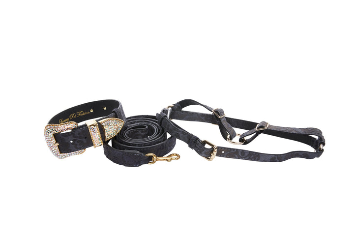 Blue Grey Italian Leather With Velvety Floral Design With Swarovski Crystal Collar, Leash &amp; Harness