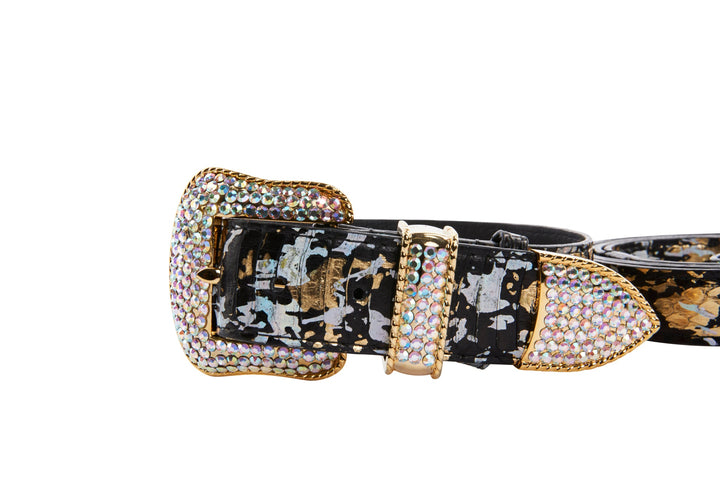 Black, Gold, Silver Iridescent Snake Collar &amp; Leash Set With Swarovski Crystal Hardware