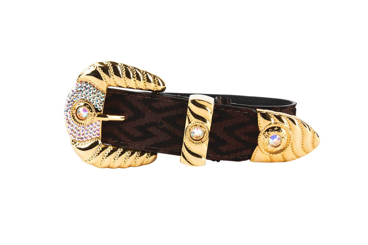Elegant Black &amp; Brown Pattern Italian Leather Collar With Ornate Italian Swarovski Crystal Hardware