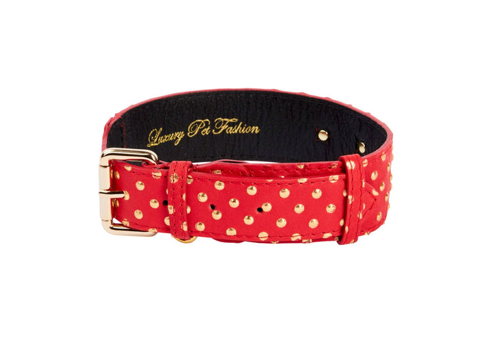 Red &amp; Gold Polka Dot Italian Leather Classic Collar