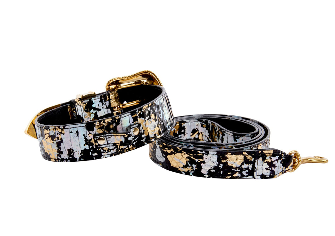 Black, Gold, Silver Iridescent Snake Collar &amp; Leash Set With Swarovski Crystal Hardware