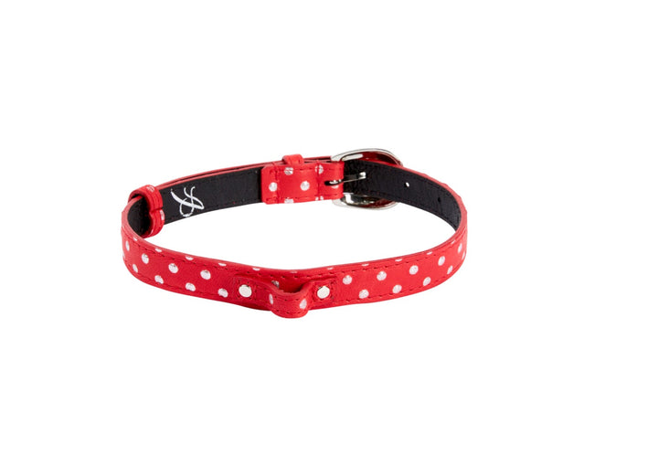 Red &amp; Silver Polka Dot Italian Leather Collar With Oval Silver Hardware