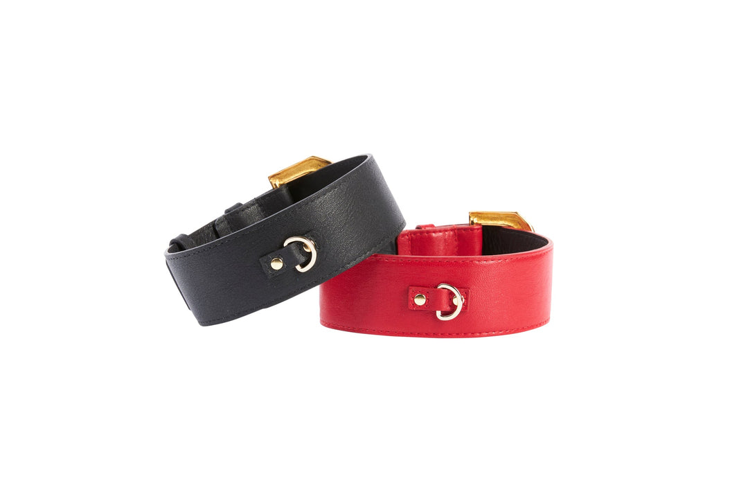 Black Italian Leather &amp; Red Italian Leather Collar Set With Custom Hollywood Glam Italian Hardware