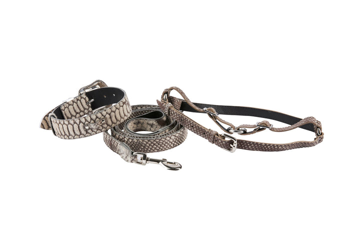 Grey Snake Print Hair On Hide Italian Leather Collar &amp; Leash Set With Swarovski Crystal Hardware