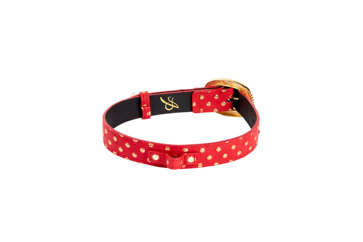 Red &amp; Gold Polka Dot Italian Leather Collar With Italian/Swarovski Hardware &amp; Heart Charm