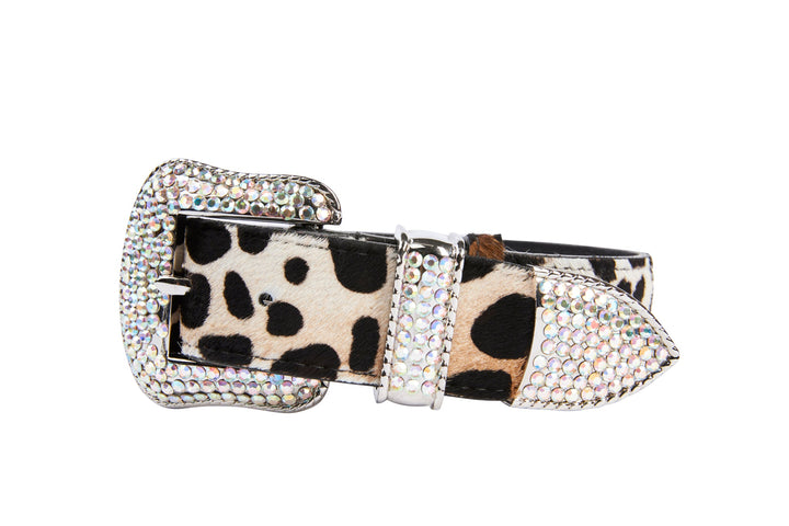 Snow Leopard Print Hair On Hide Italian Leather  Collar With Swarovski Crystal Hardware