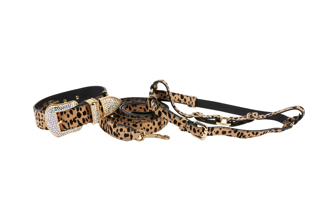 Classic Leopard Print Hair On Hide Italian Leather Swarovski Crystal Collar, Leash &amp; Harness Set